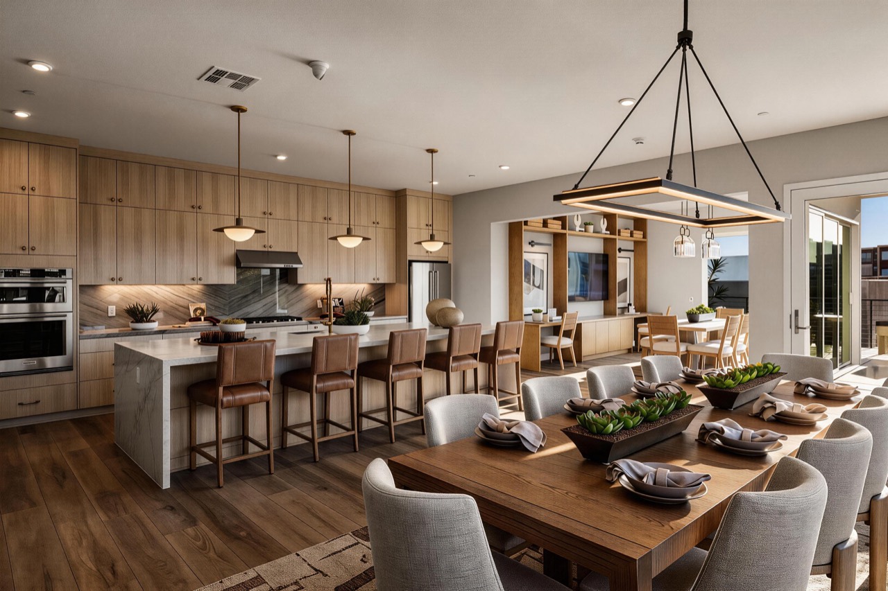 Open-plan model home kitchen and dining room with wood cabinetry, island seating and a rectangular pendant light