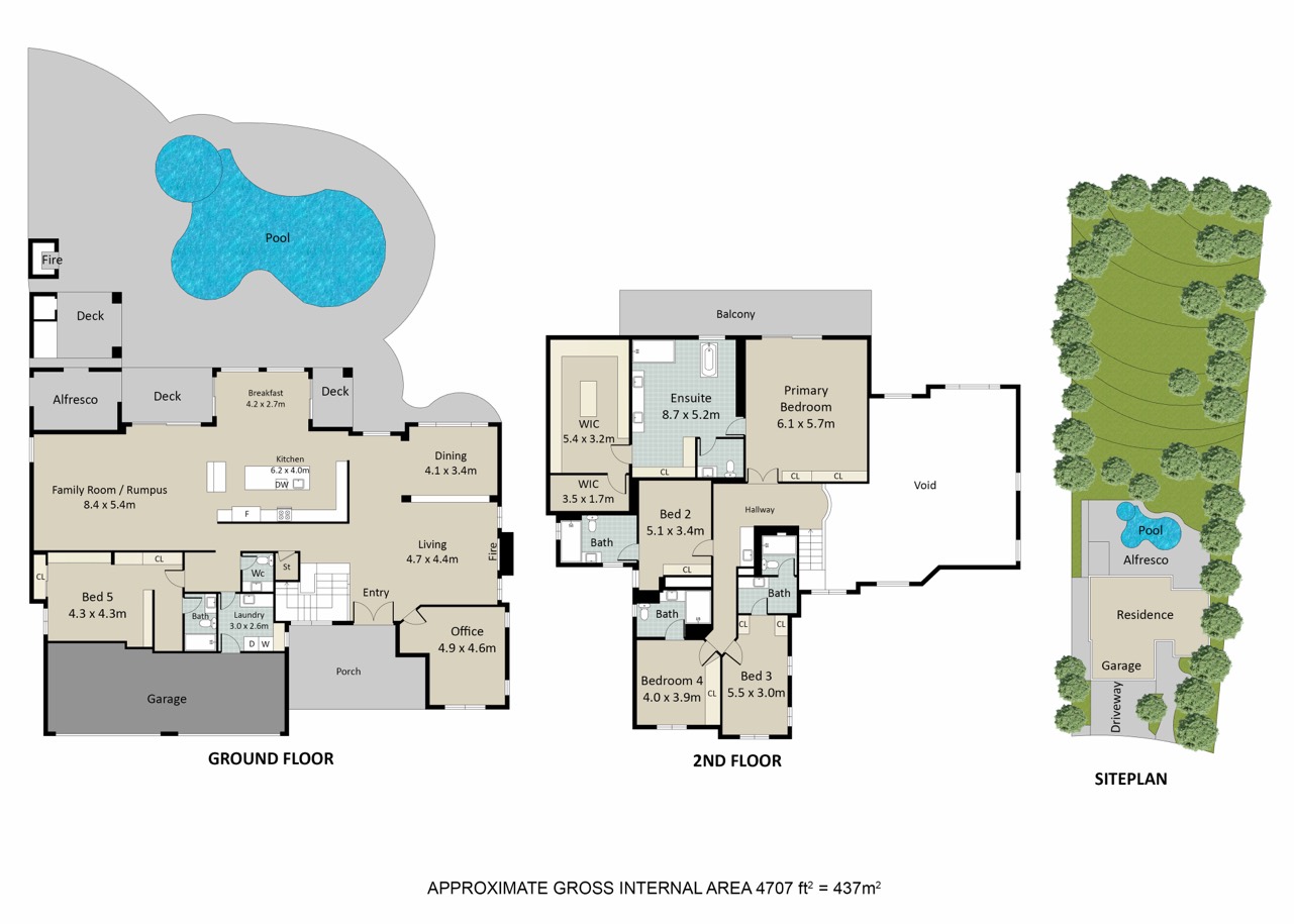 Property floor plan showing ground floor, second floor and site plan with pool and garden